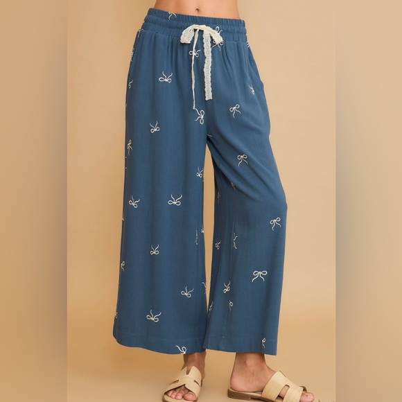 Umgee Pants - Umgee Full Size Lace Drawstring Embroidered Bow Wide Leg Pants Plus Size